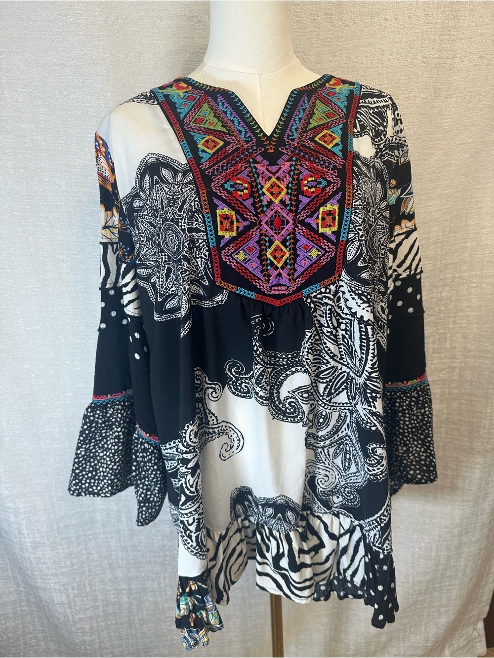 Calessa, Bohemian, Festival, Embroidered Black/ White Mixed-Print Peasant Blouse